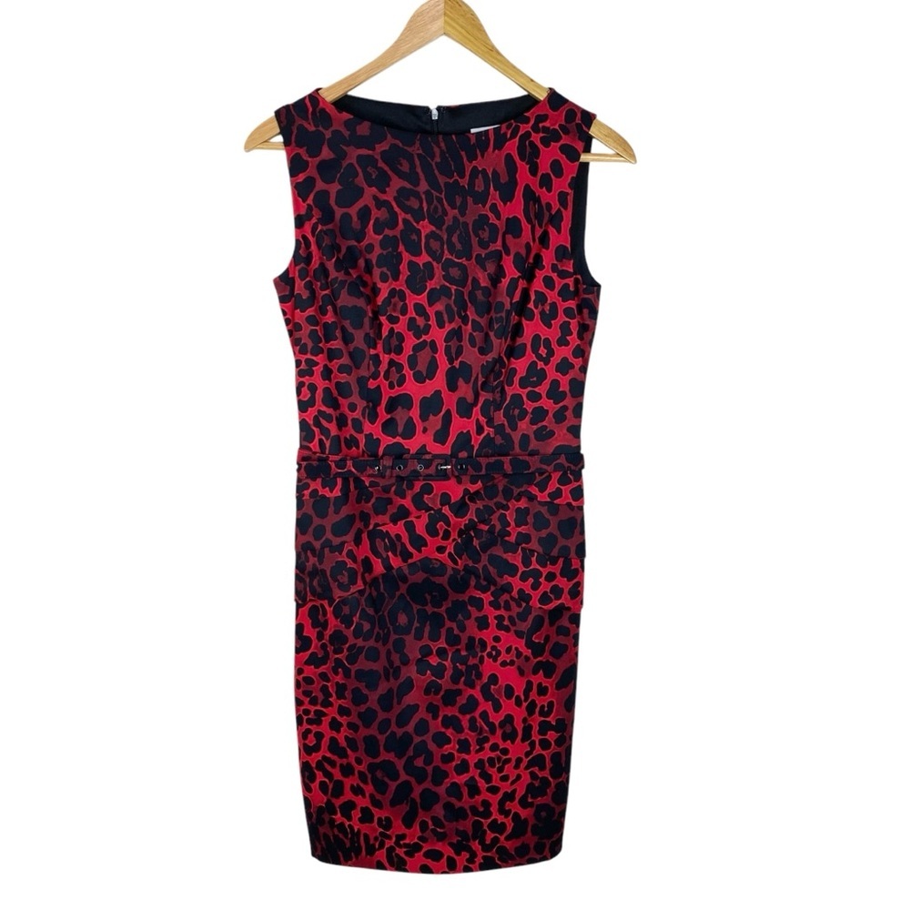 Cache Leopard Sheath Sleeveless Dress Belted Women’s Size 2 Black Red - Picture 10 of 10